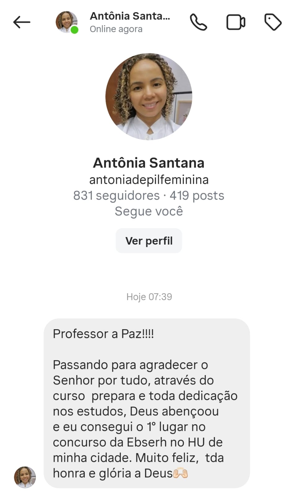 Captura de depoimento sobre aprovação em primeiro lugar na EBSERH